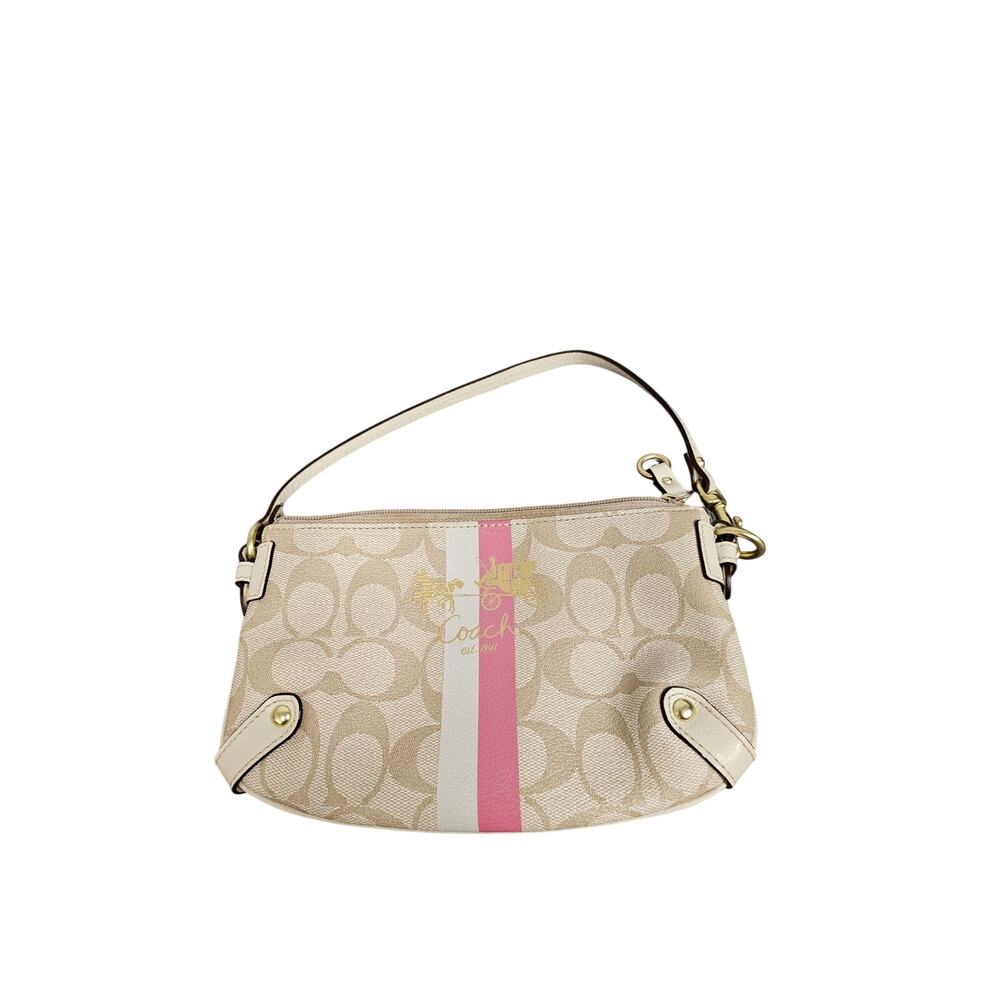Coach Signature Stripe Small Hobo Shoulder Bag Beige Pink Canvas